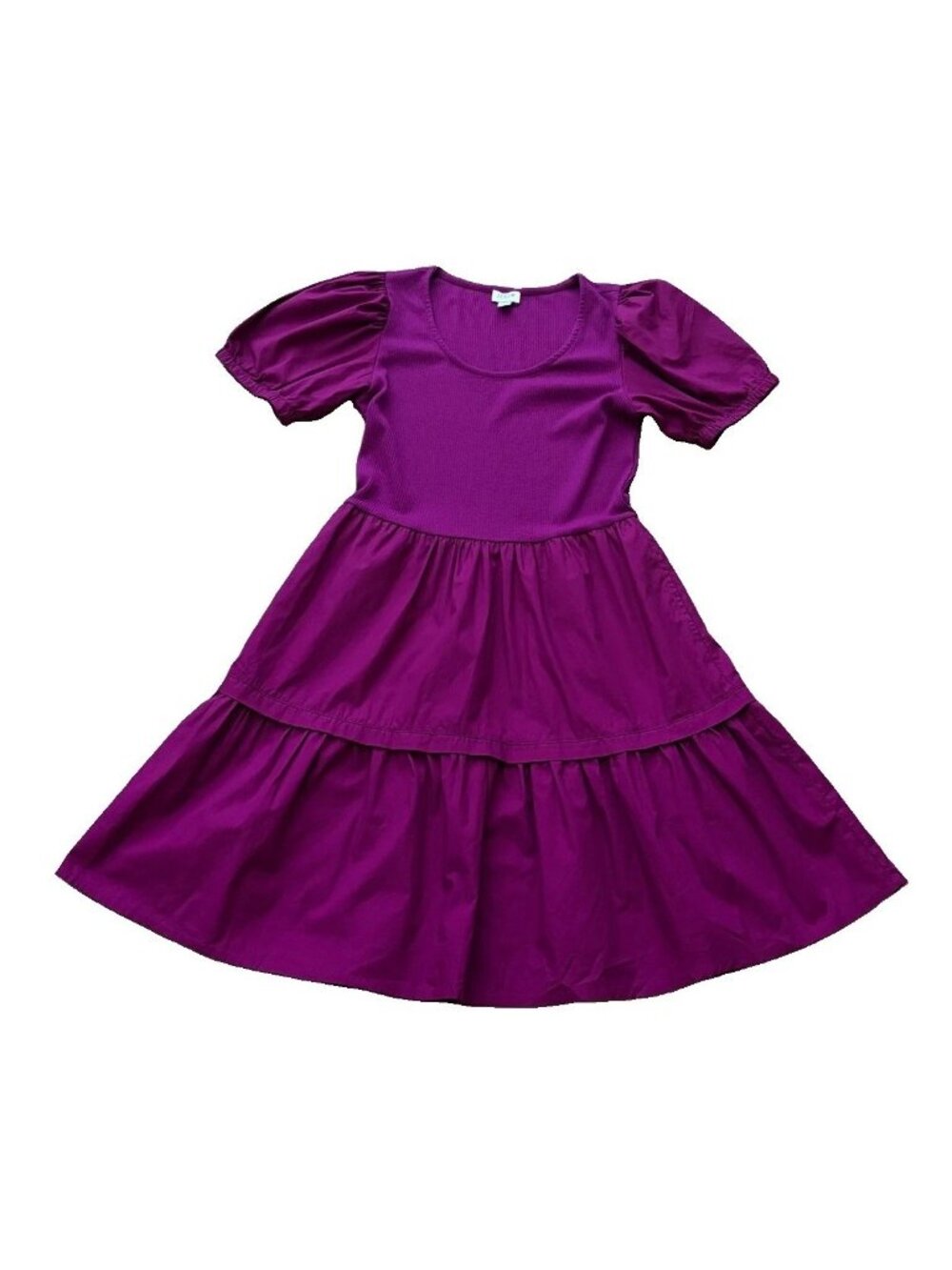 J.Crew Tiered Dress Small Puff Short Sleeve Magenta Pleated Scoop Neck Midi